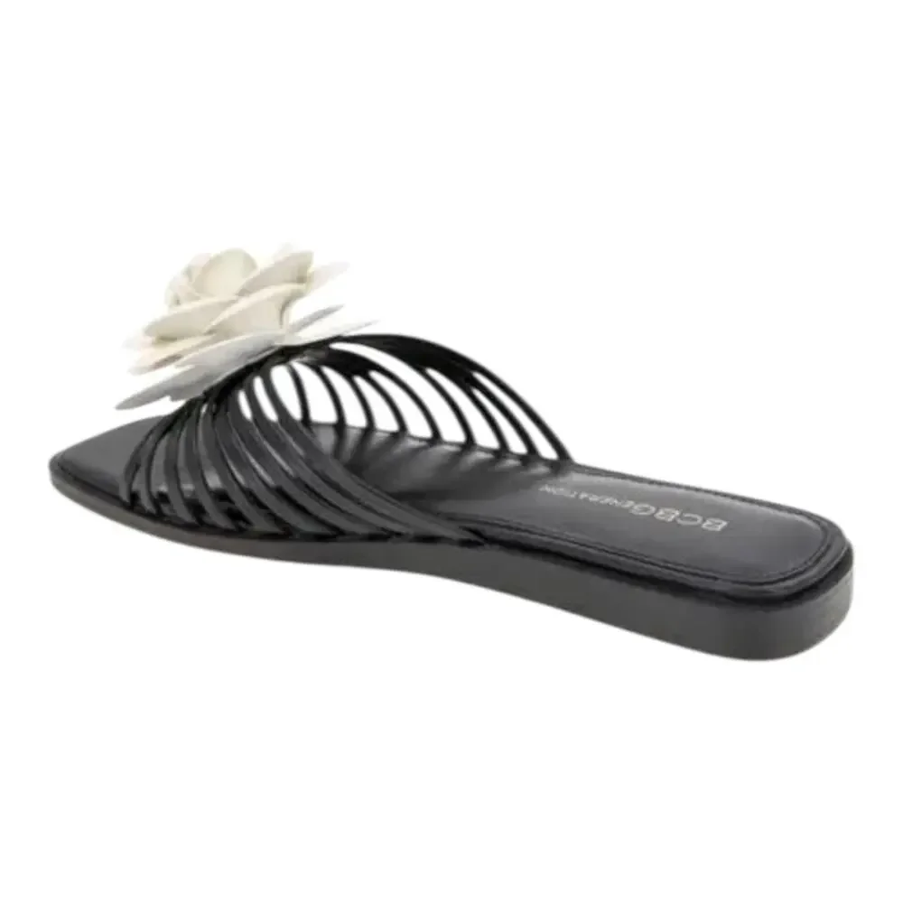 BCBGeneration Women's Masha Flower Slip On Flat Sandals Black White Size 9